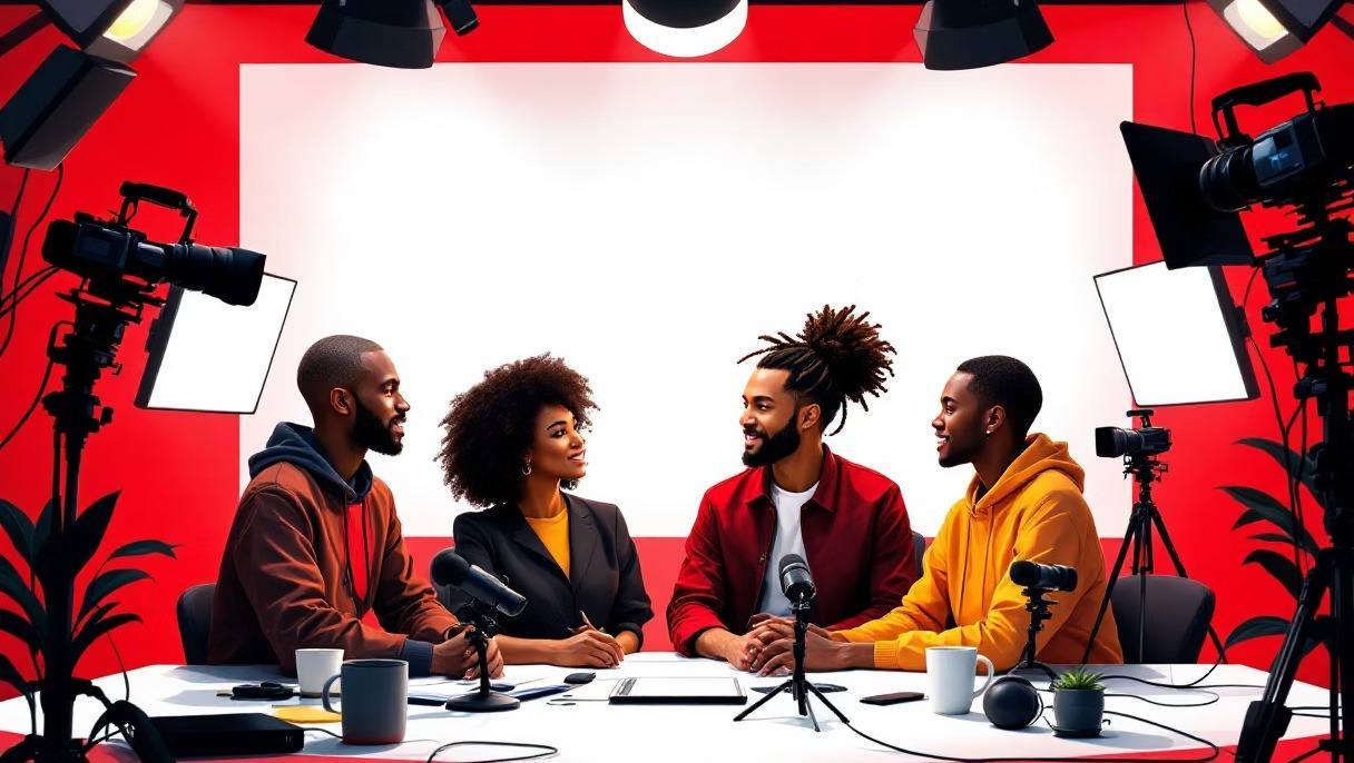 Vier presentatoren aan tafel in een studio met camera's en lampen
