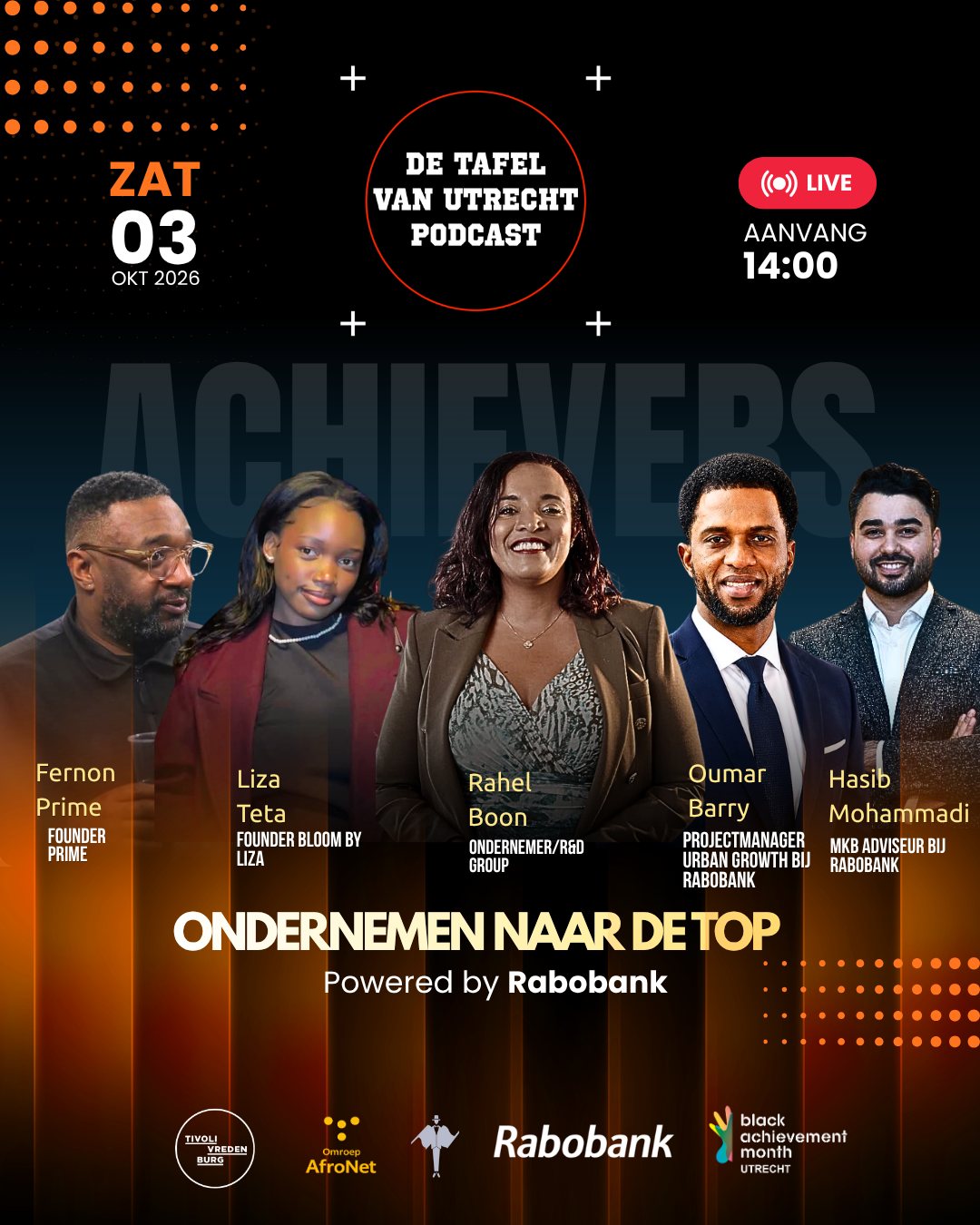 Affiche De Tafel van Utrecht Podcast, Ondernemen naar de top, zaterdag 3 oktober 2026, powered by Rabobank
